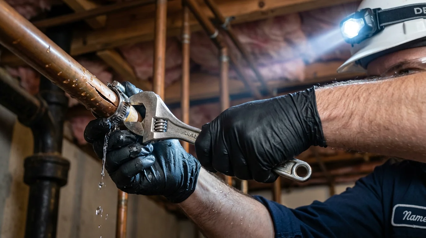 Emergency pipe clamp repair being performed by a Johns Plumbing LLC plumber in Valrico