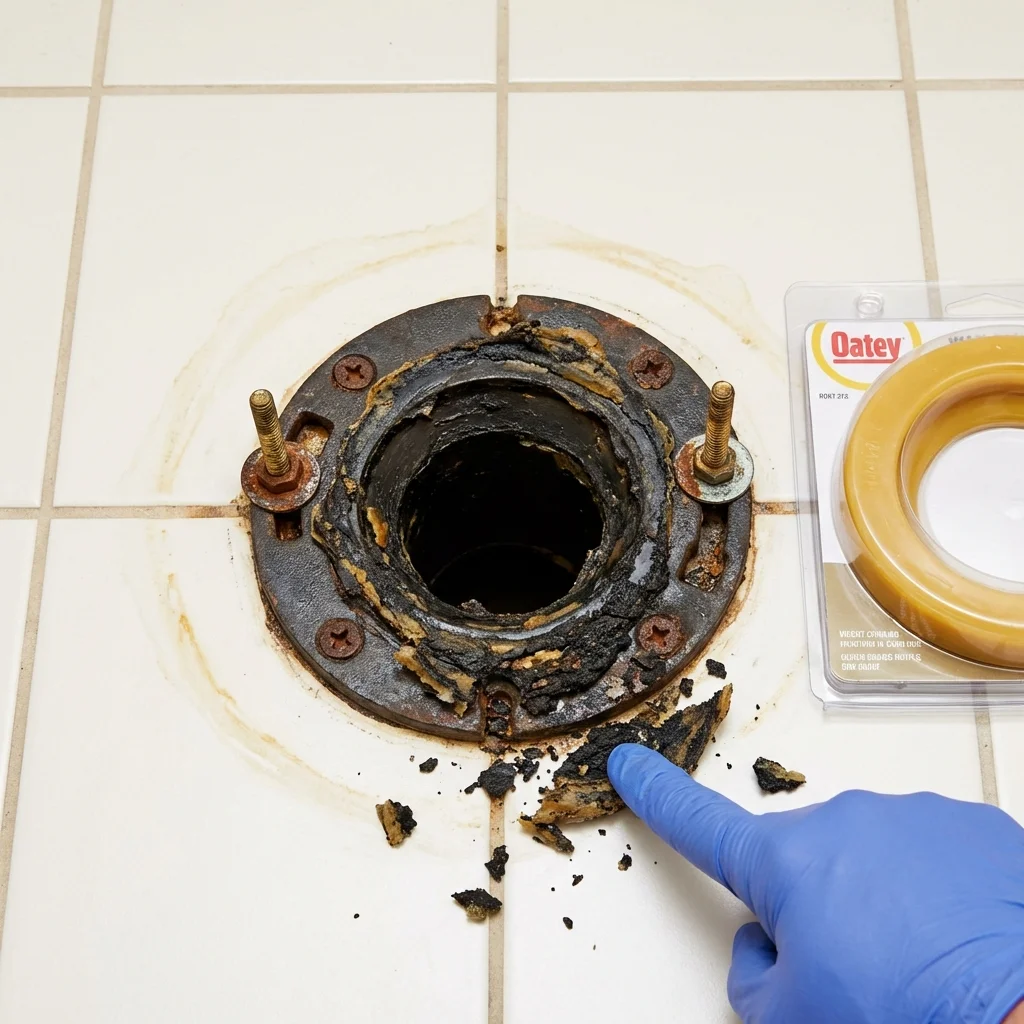 Failed wax ring showing water seepage at the base of a toilet in a Valrico, FL home