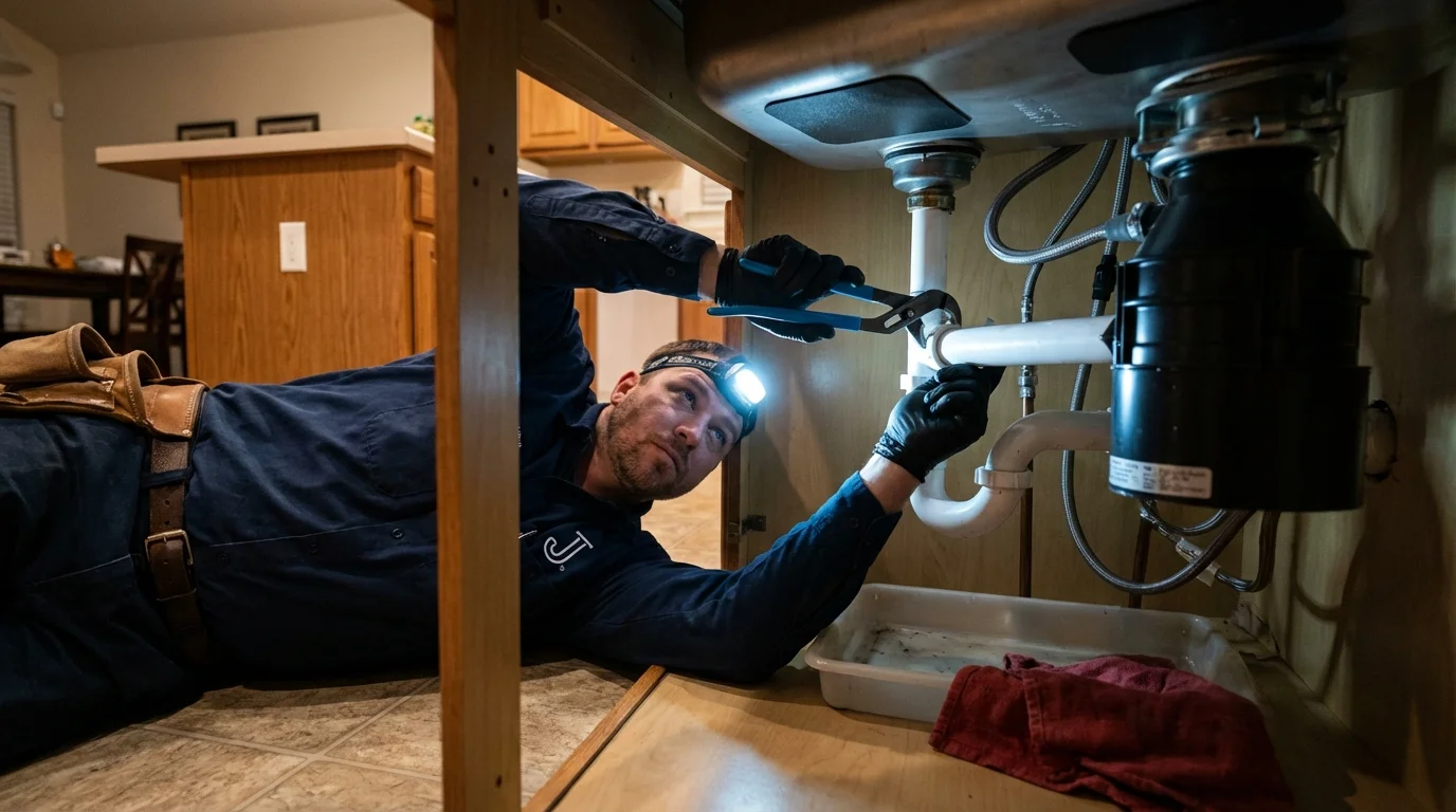 P-trap and supply line connections under a kitchen sink showing a common leak point in Valrico, FL
